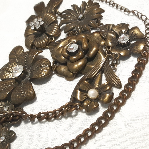 VTG,Bronze Floral 3D Necklace, With Rhinestones, - Picture 7 of 10